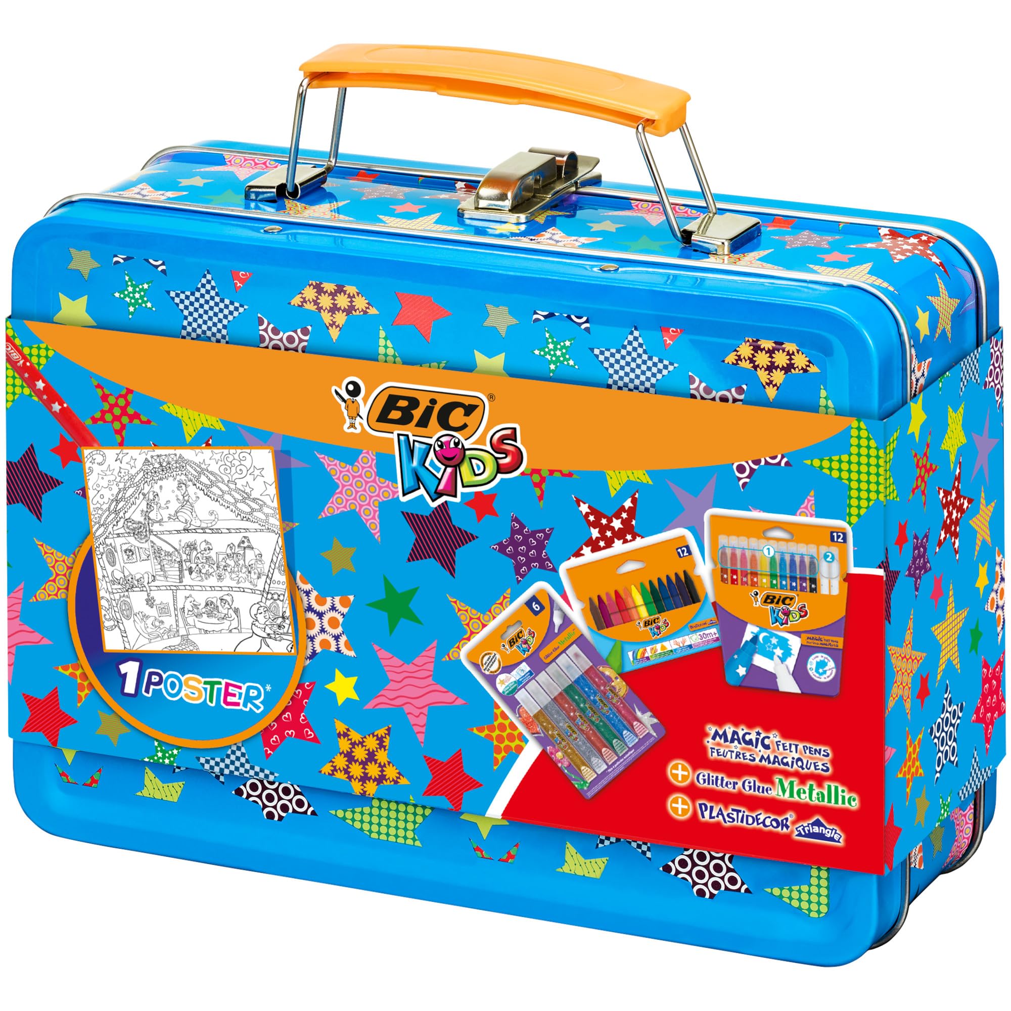BIC Kids Maletín de Colores para Niños con 12 Rotuladores, 12 Ceras, 6 Tubos de Pegamento con Purpurina y 1 Dibujo para Colorear