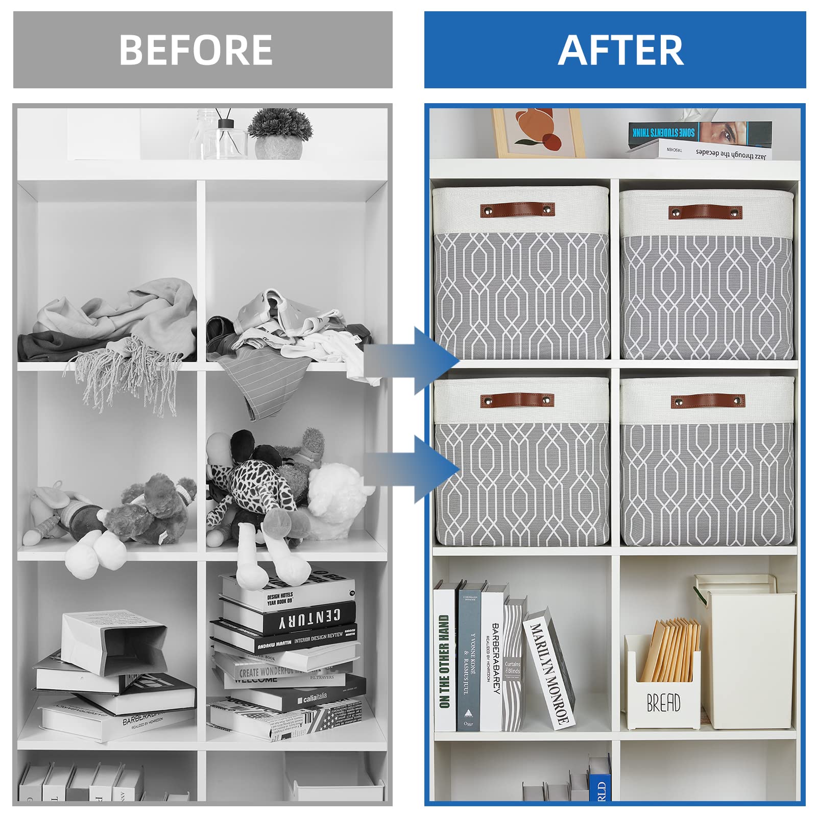 Temary Collapsible Baskets 13 Inch Storage Cubes for Organizing, Storage Baskets for Shelves, 4 Pack Fabric Storage Cubes Bins for Towels, Blankets (Grey Polygon)