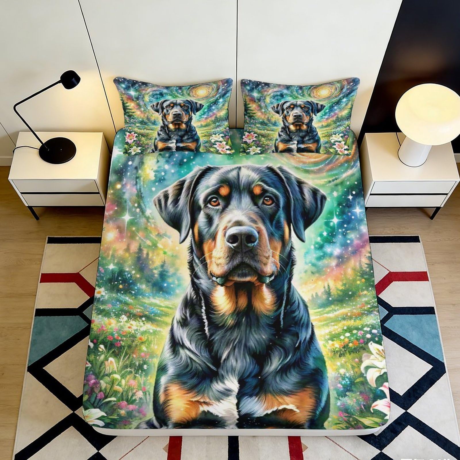 3D Printed Rottweiler Art Fitted Sheet Microfiber Soft Dog Portrait Bed Cover for Bedroom Guest Room Mattress Protection Decor 90x200x25cm