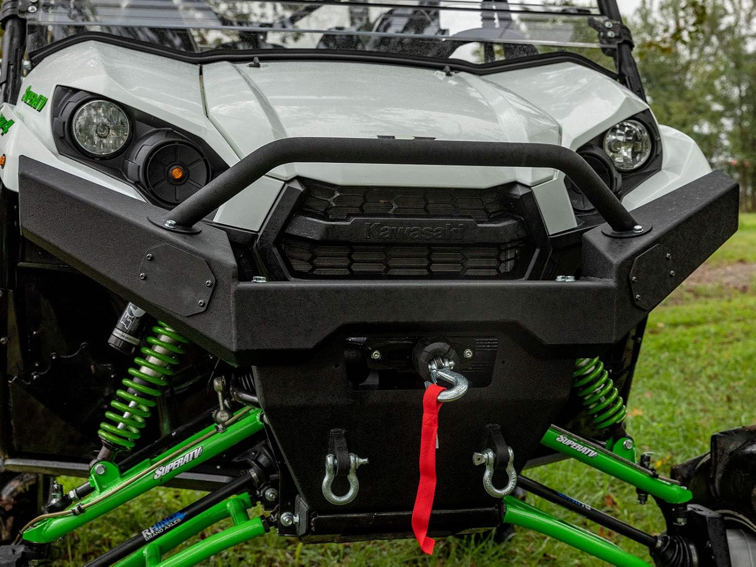 SuperATV Winch Ready Front Bumper Compatible With Kawasaki Teryx 800/4 800/4 750, Wrinkle Black, Thick Steel Plating, Pre-Fit for Any of Our Black Ops Winches -Tow Hooks for Added Utility