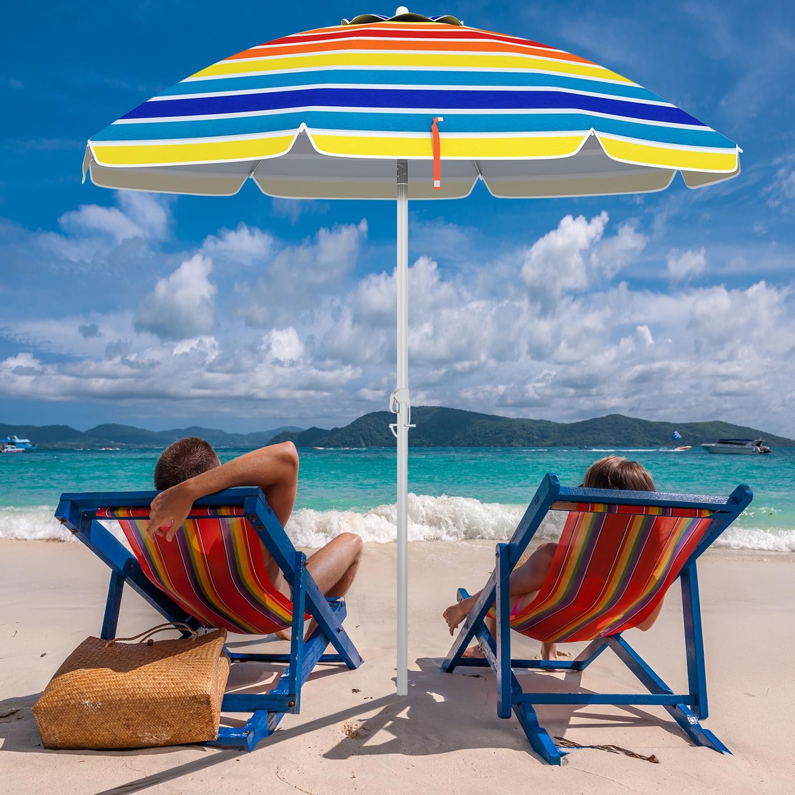 RELAX4LIFE Ombrellone da Spiaggia con 8 Stecche Stabili e Palo Alluminio Centrale Inclinabile, Protezione solare e impermeabile, Borsa di Trasporto Inclusi, 182 x 182 x 213 cm (Colorato)