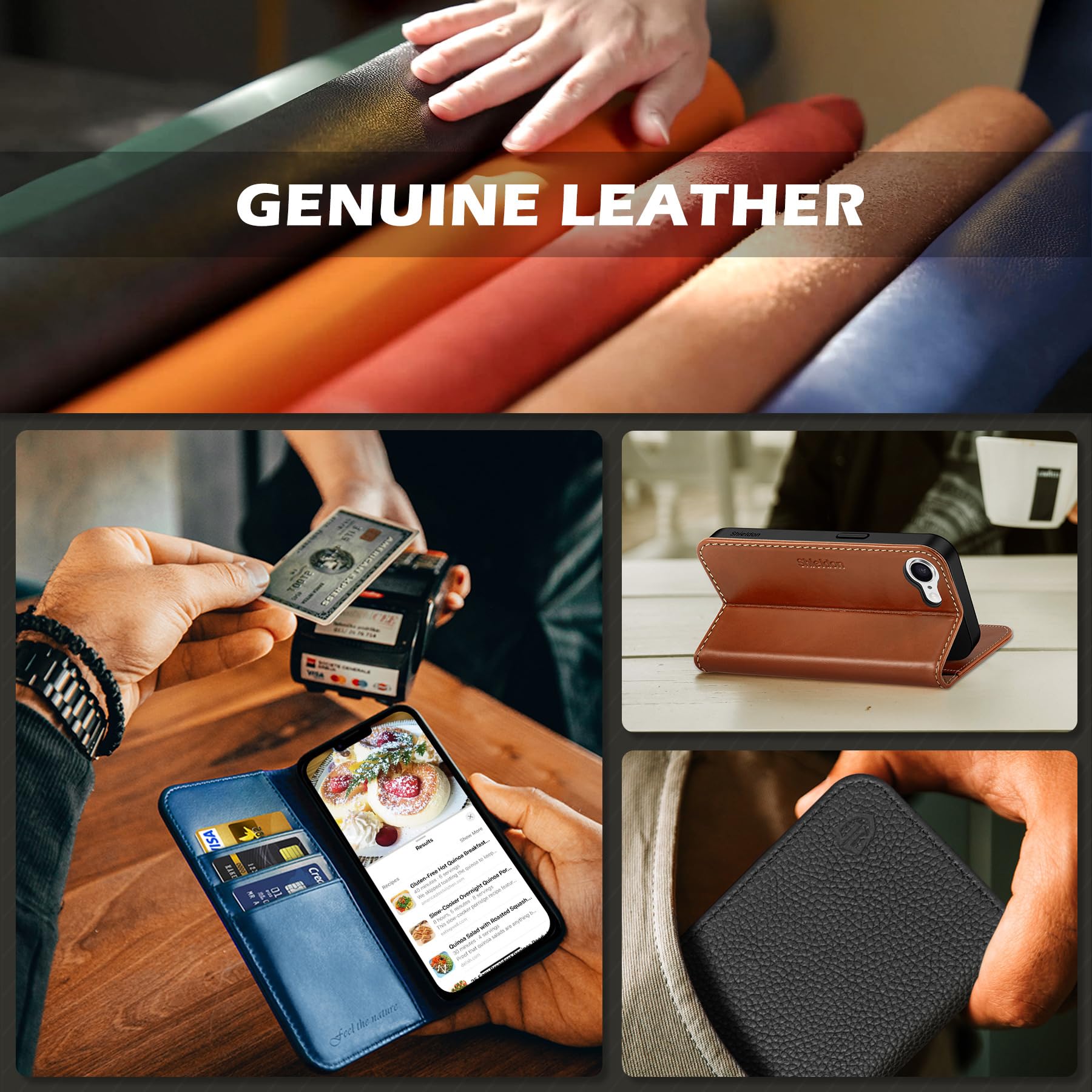 SHIELDON Funda para iPhone 17e/iPhone 16e 6.1", Cartera de Cuero Genuino [Tarjetero] [Soporte] [Bloqueo RFID] Carcasa TPU Folio Magnética Leather Wallet Case Compatible con iPhone 16e/17e 2026 - Negro