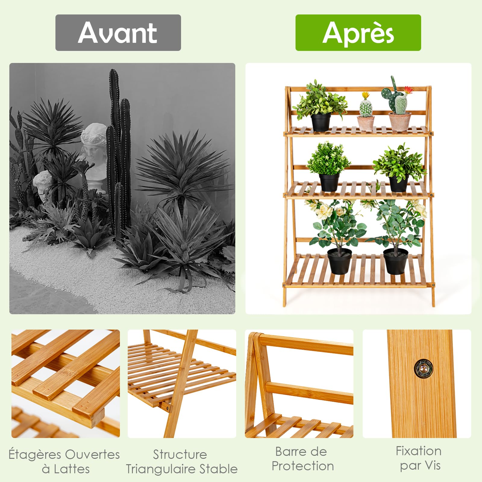 RELAX4LIFE Support de Plantes Pliable en Bambou, Étagère pour Plantes à 3 Niveaux, Étagère à Fleurs Pliante, Échelle à Plantes, pour Salon, Balcon, Jardin, Intérieur et Extérieur, Naturel