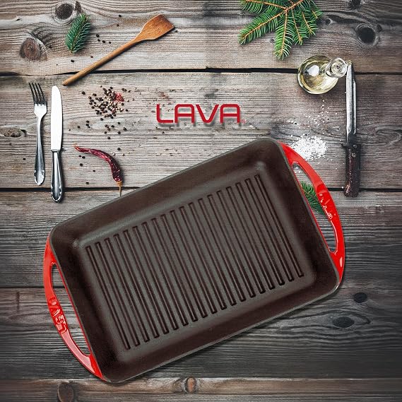 Lava Metal Rectangular Grill Cast Pan with Metal Handle, 22 x 32, Red