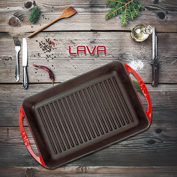 Lava Metal Rectangular Grill Cast Pan with Metal Handle, 22 x 32, Red