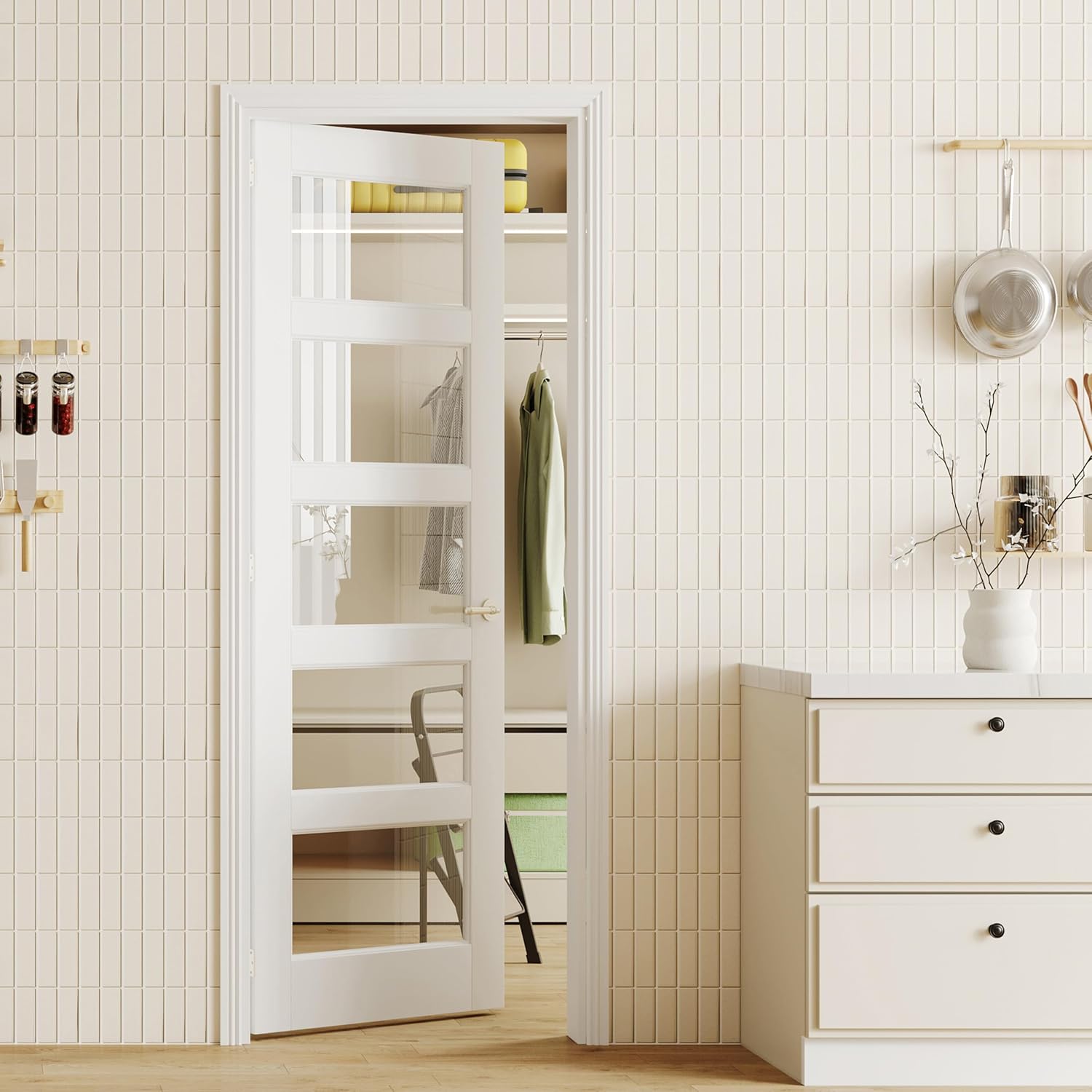 Prehung Door, 32" x 80", 3-Lite Frosted Glass, Prehung Interior Door, Right-Handed, White MDF with Door Jamb & Hardware Kit