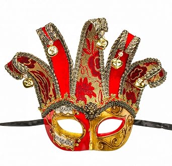 Vintage Half Face Musical Jester Eye Mask Costume Halloween Venetian Mardi Gras Men Women Masquerade Prom Party Mask Red/Gold
