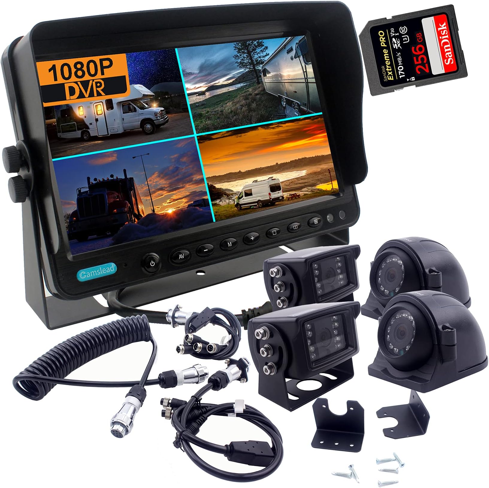 Camslead9 inch screen 1080P HD camera system The 5th wheel camera monitor system, DVR recorder with quad split screen, 9 inch monitor + 4X cameras 1080P + 4 Channel trailer quick connection kit