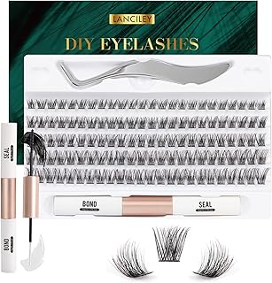 Lanciley Lash Extension Kit 120 Pcs Individual Lashes Soft Light Thin Band Cluster Lashes Eyelash Extension Kit C D Curl Lash Clusters with Bond and Seal Tweezers DIY at Home Mix 10-16mm - L17