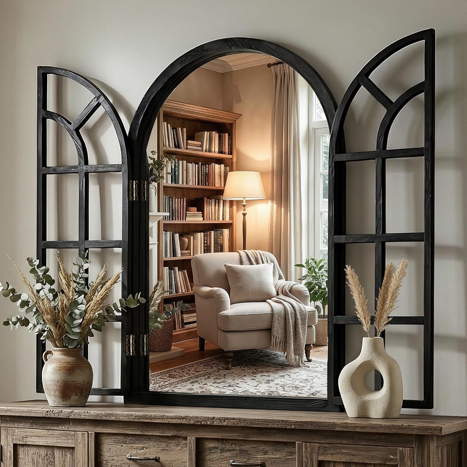 FGU Rustic Farmhouse Arched Window Wall Mirror 24x36 Black - Decorative Arch Mirror for Living Room, Bedroom, Bathroom