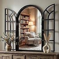 FGU Rustic Farmhouse Arched Window Wall Mirror 24x36 Black - Decorative Arch Mirror for Living Room, Bedroom, Bathroom