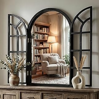 Arched Window Mirrors for Wall, Wooden Rustic Farmhouse Mirror for Wall Decor 24 x