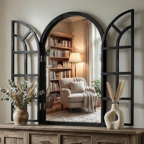 Arched Window Mirrors for Wall, Wooden Rustic Farmhouse Mirror for