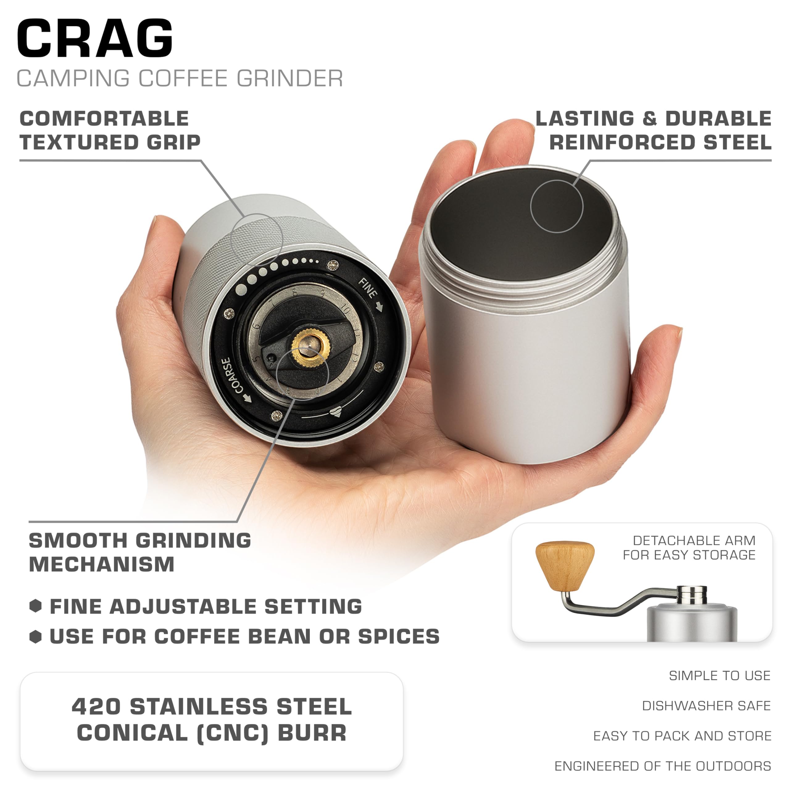 COLETTI Crag Manuelle Kaffeemühle — Handkaffeemühle — CNC-Frässtift Präzisions-Handmahlwerk Heavy Duty für Reisen, Camping, Wandern & Abenteuer - Inklusive Bürste [Gebürsteter Edelstahl]