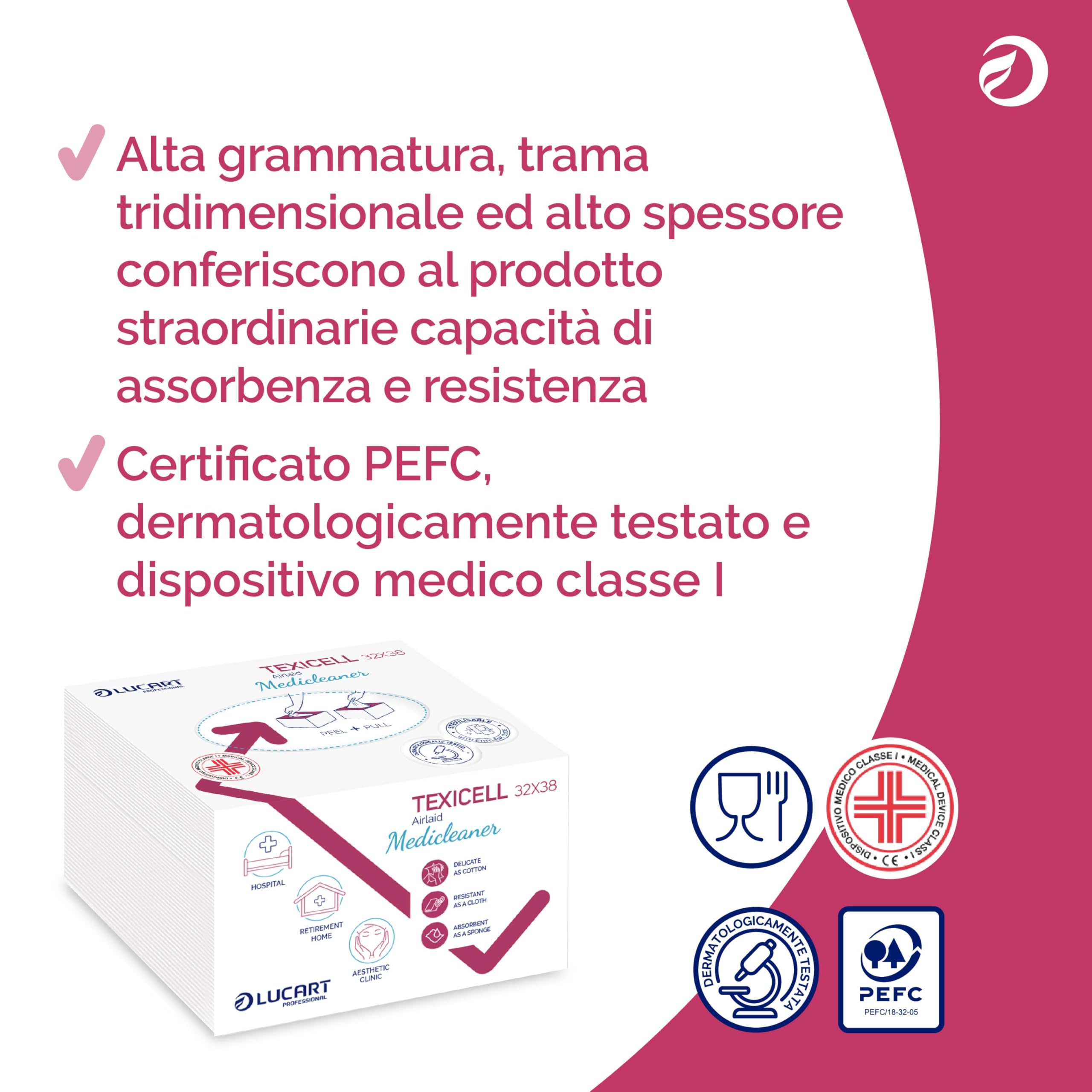 Lucart Professional, Texicell Medicleaner 32x38, Panni Multiuso Piegati in Airlaid, 50 g/mq, Ideali per Settore Medico, 60 pezzi 32x38 cm, 20 confezioni