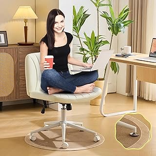 VINGLI Criss Cross Legged Chair,Wide Comfy Office Desk Chair,Dual-Use with/no Wheels Computer Task Chair,Swivel Armless Vanity Rolling Chair for Study,Make Up,Home Office,Cat Scratch PU Leather,Beige