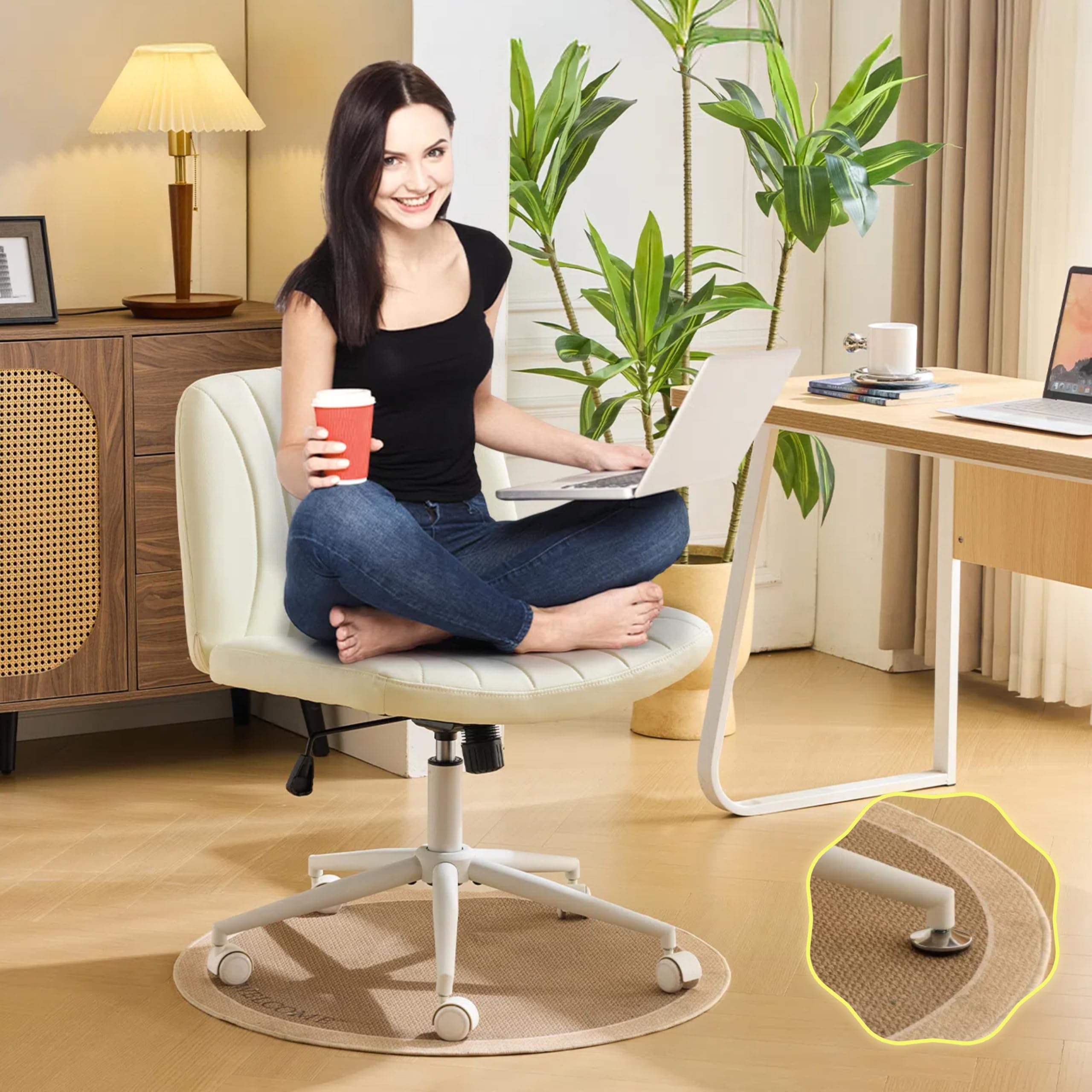 VINGLI Criss Cross Legged Chair,Wide Comfy Office Desk Chair,Dual-Use with/no Wheels Computer Task Chair,Swivel Armless Vanity Rolling Chair for Study,Make Up,Home Office,Cat Scratch PU Leather,Beige