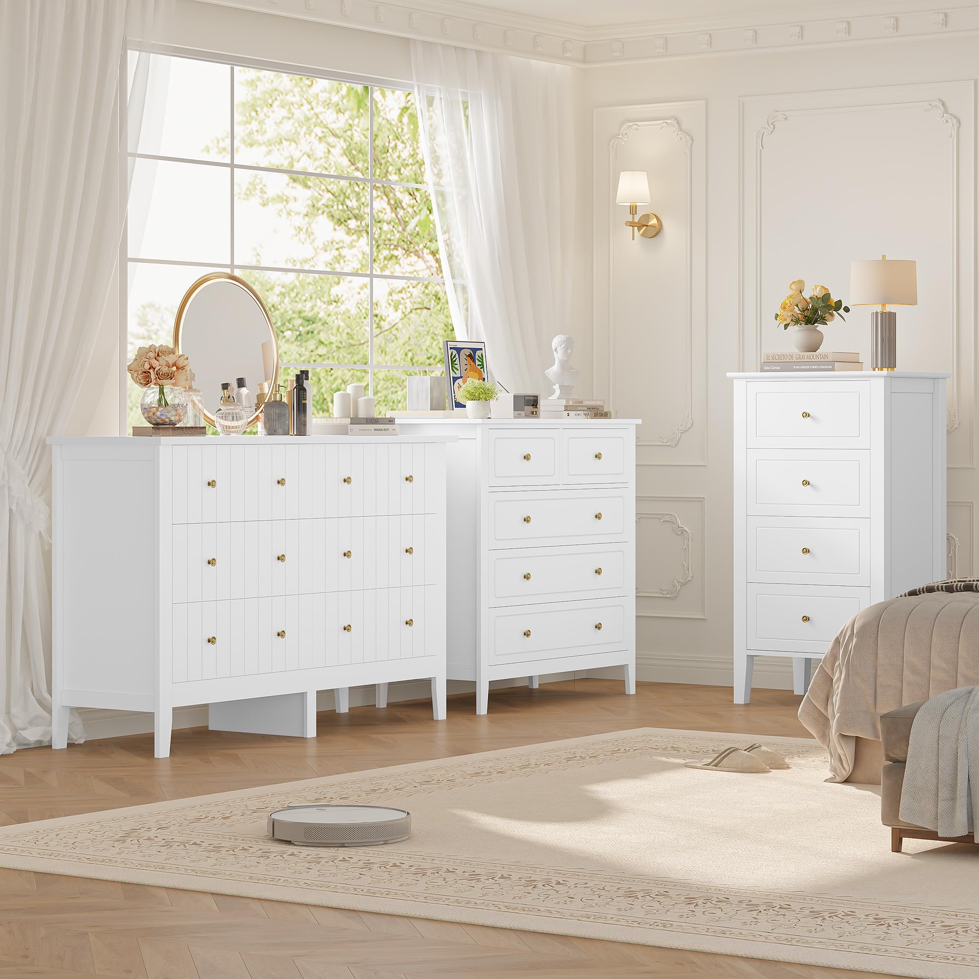 FOREHILL Cassettiera Camera da Letto, Comodino Bianca con 4 Cassetti in Legno, Mobiletto Autoportante per Soggiorno, Corridoio, Cucina 50x40x95 cm