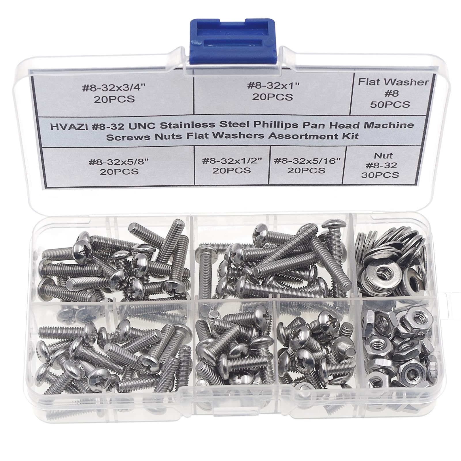 HVAZI #8-32 UNC Stainless Steel Phillips Pan Head Machine Screws Nuts Flat Washers Assortment Kit