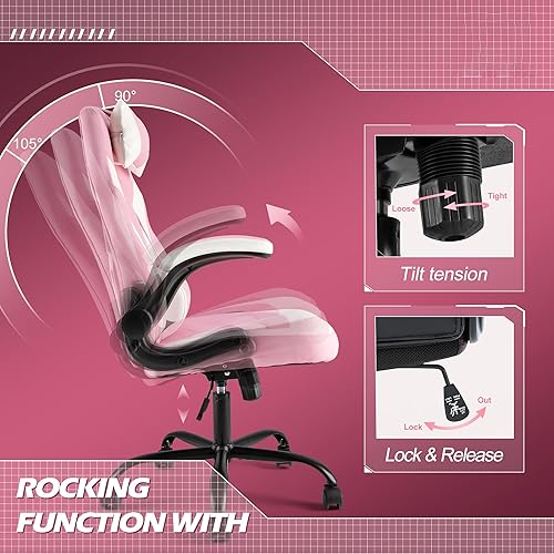 Miniatura 5 de Silla ergonómica de escritorio para juegos de computadora, piel sintética con soporte lumbar ajustable y reposacabezas, reposabrazos abatibles,
