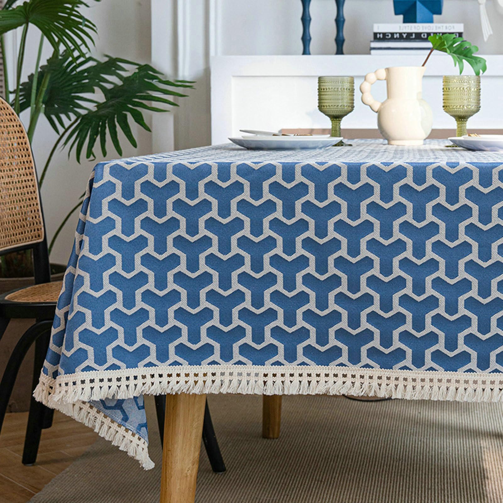 Tovaglie da Tavola 140 x 200cm, Tovaglia Tavolo Antimacchia Blu Motivo Geometrico con Nappe Tovaglia Rettangolare