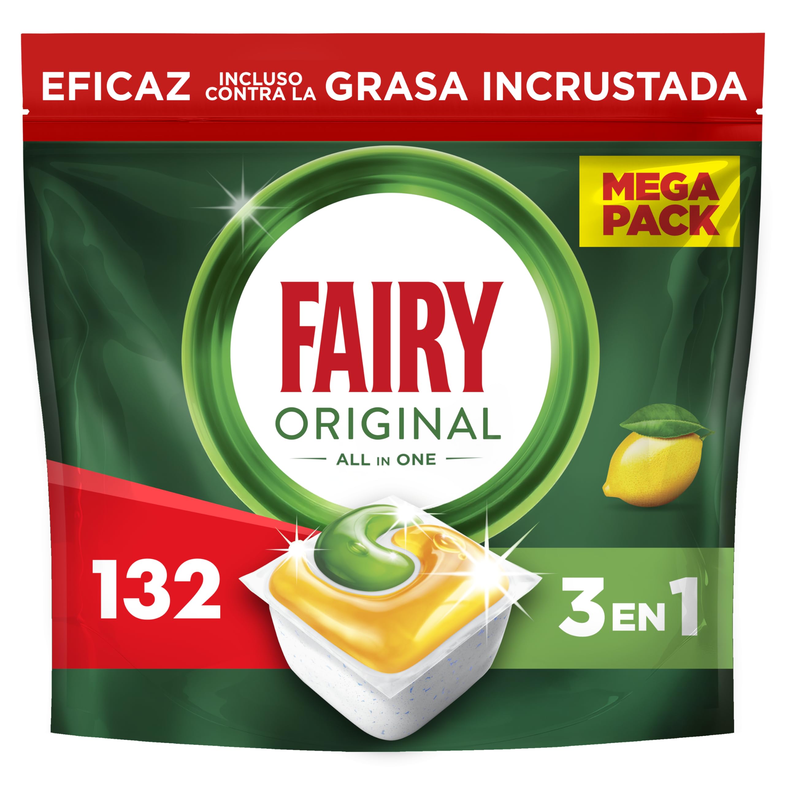 Fairy Original Todo En Uno Pastillas Lavavajillas, 132 Capsulas, Elimina Grasa Reseca, El embalaje puede variar