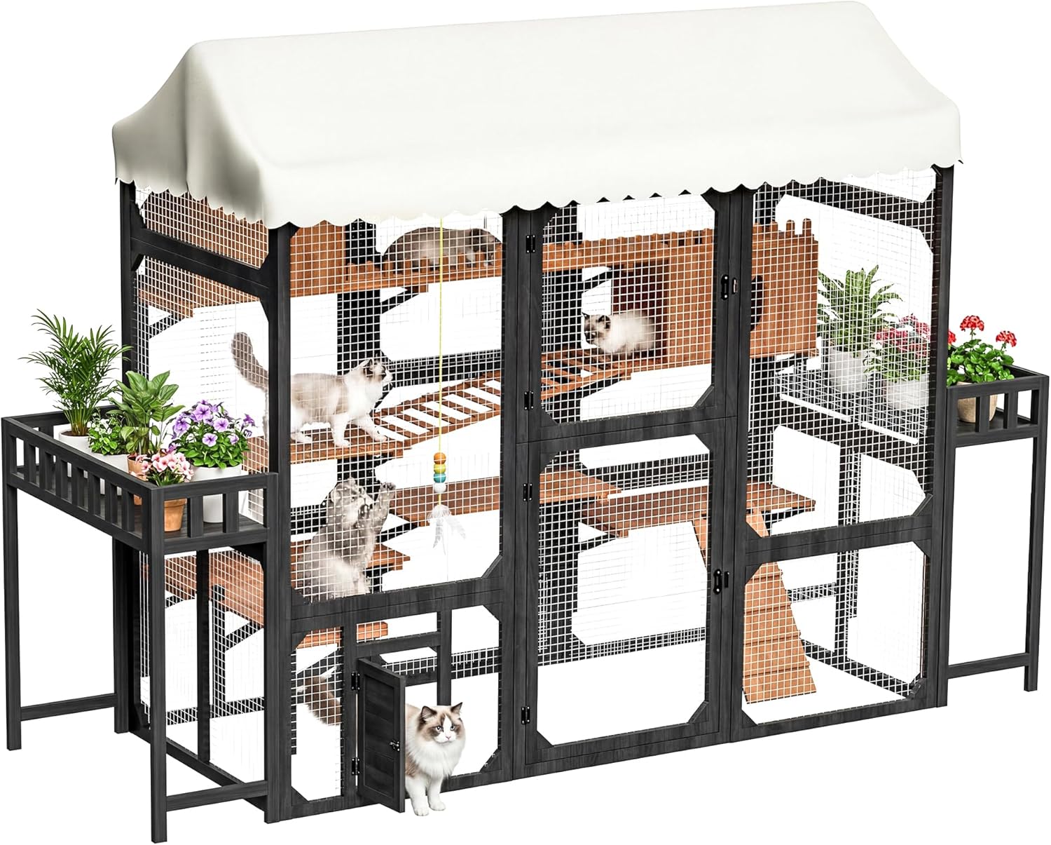 107" Extra Large Catio with Plant Stands, Wooden Outdoor Cat Enclosure with Sunshade & Real Wood Scratching Posts, Window Connectable Cat Playpen for 6 Cats (Black)