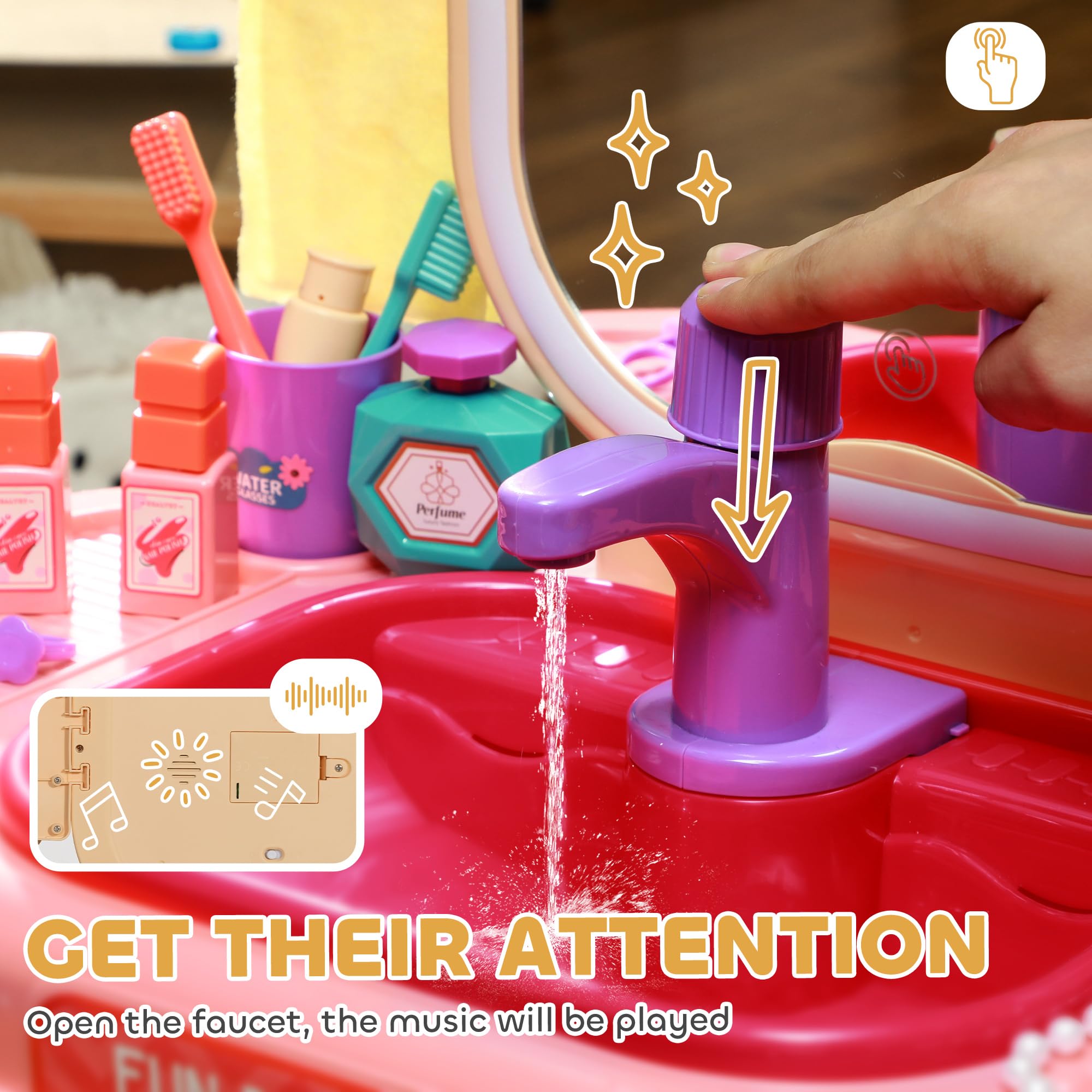AIYAPLAY - Juego de tocador para niños, 23 Unidades, Mesa de Maquillaje con Espejo, luz LED y música, para niños de 3 a 6 años, Color Rosa