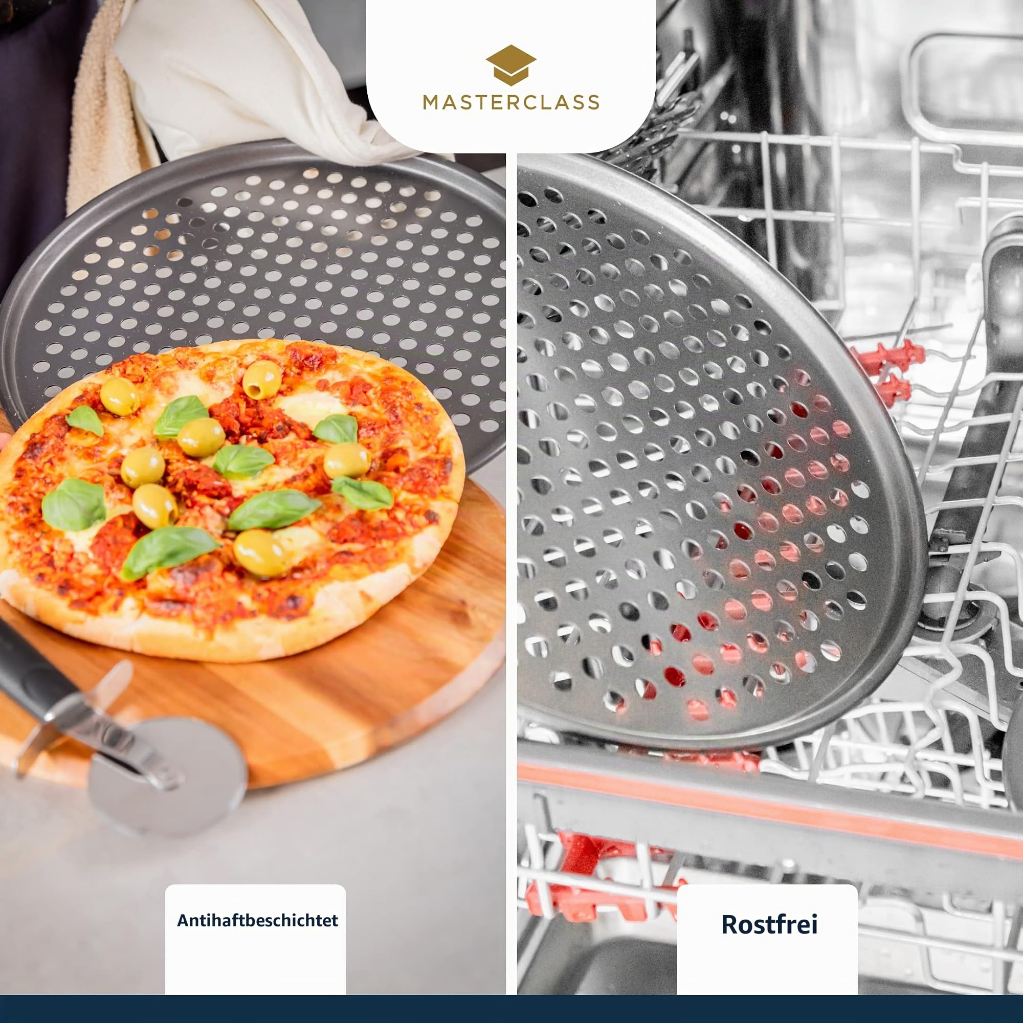 MasterClass Antihaft-Pizzablech für Backofen und Pizzaofen, gelocht, rund 32cm, mit Hülle, Grau