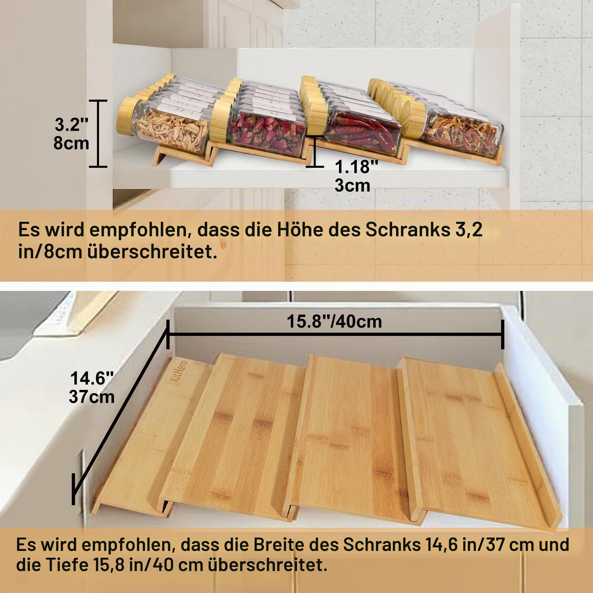Gewürzschublade-Organizer mit 28 Gewürzgläsern (Bambusdeckel) & 216 Etiketten, 25 Anti-Rutsch-Gummis – Bambus, 4-stufig, für Küchenschubladen, Schränke, Arbeitsplatte – 33 x 40 cm