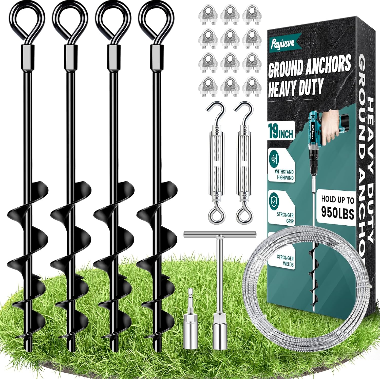 19" Ground Anchors Heavy Duty Shed Anchors Kit, Mobile Home Anchor Earth Anchor with 1/8" Galvanized Cable and Turnbuckles for Sheds Canopy Gazebo Trampoline Swing Set(4x19in)