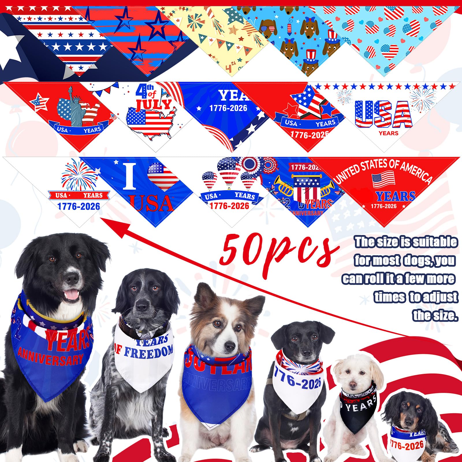 Huhumy Lot de 150 bandanas pour chien du 4 juillet - Bandanas patriotiques en vrac - Fête de l'indépendance - Bavoirs triangulaires pour chiens de taille moyenne et grande - 4 juillet - Festival