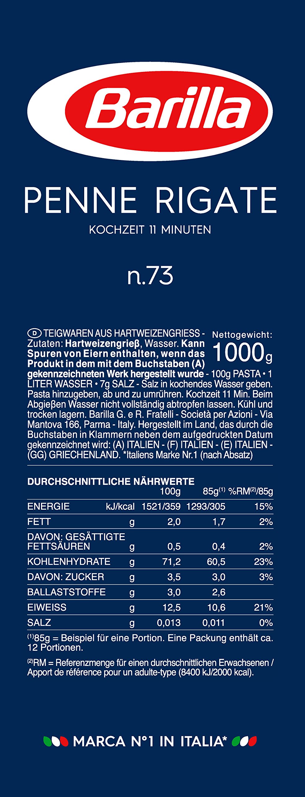 Barilla Hartweizen Pasta Penne Rigate n. 73, 15er Pack (15 x 1 kg)