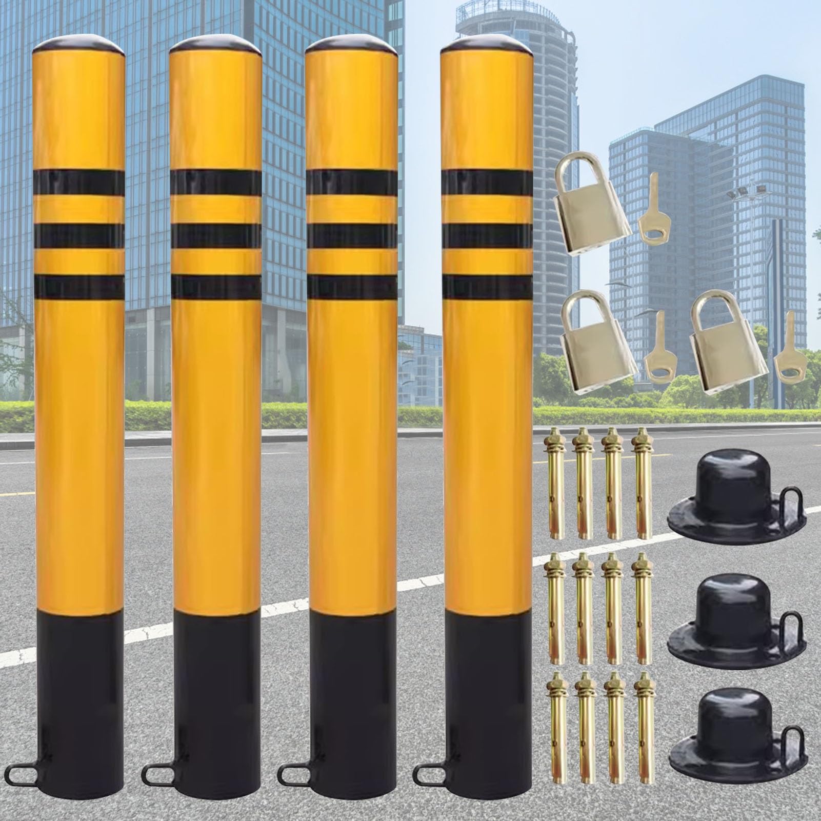 GHHVFEC Reflective Bollard for Traffic Control & Parking SafetyDurable Driveway Gas Station & Sidewalk Barrier with Night Visibility Design