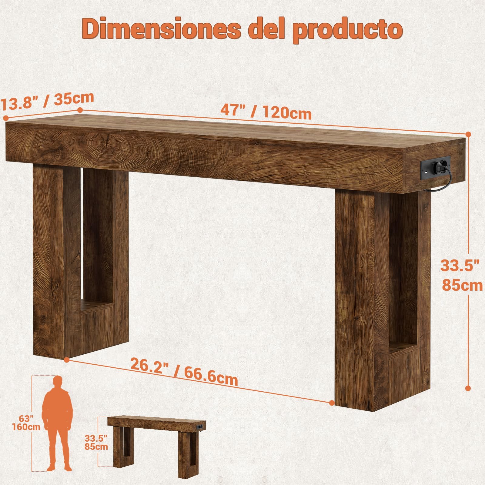 iSunirm Mesa Consola con Enchufes, 120x35x85 cm Consola Recibidor Estrecha con 2 Enchufes, 2 USB y Luz con Sensor, Pasillo, Salón, Detrás del Sofá, Roble Rústico