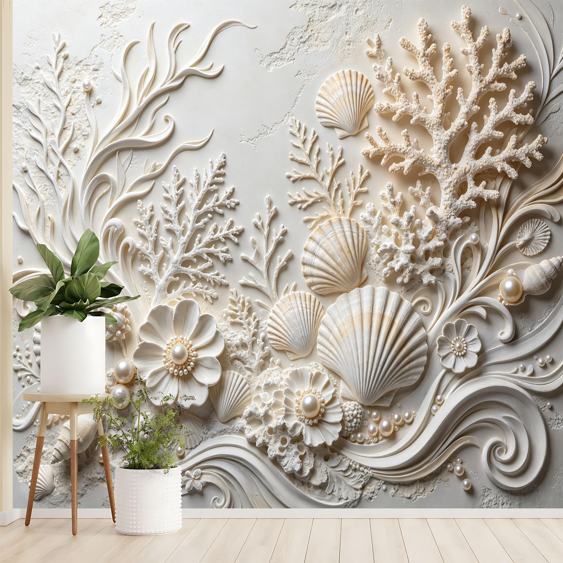 Fototapeta 3D z muszlą koral i perła ocean koral tekstura tapeta z włókniny luksusowy styl wybrzeża sztuka fototapeta 350 x 256 cm kremowa biała tapeta ścienna do salonu sypialni akcent ściana ocean