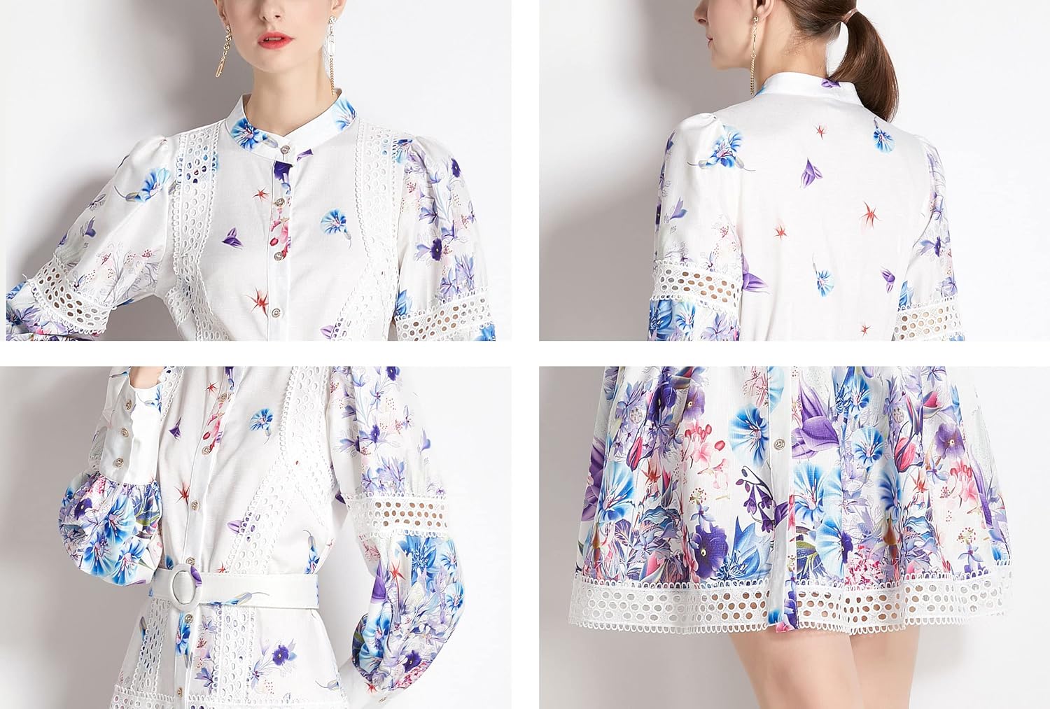 LAI MENG FIVE CATS Women's Hollow Out Floral Print Lantern Sleeve Button Up Casual Mini Dress - Image 6