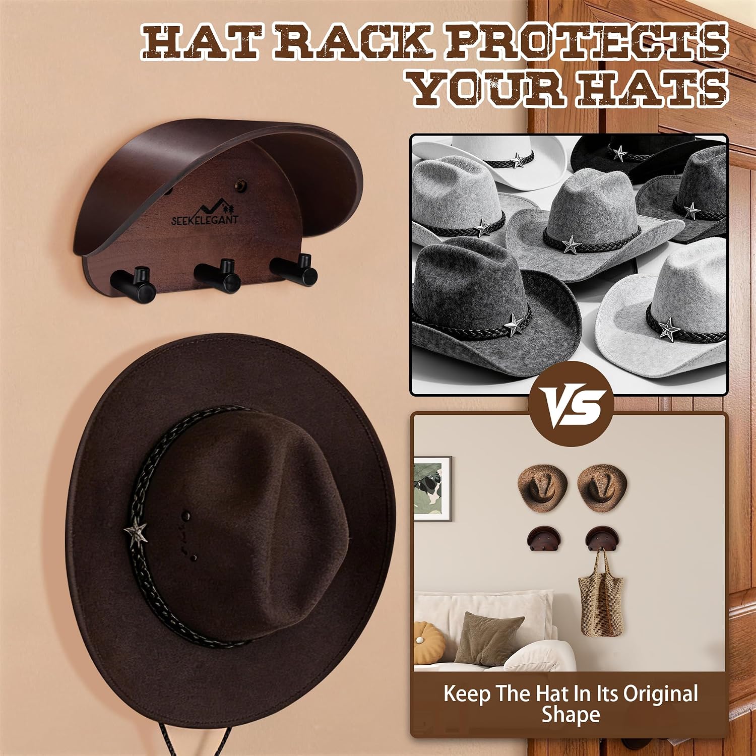4 Pack Cowboy Hat Rack for Wall with 3 Key Hooks, Keeps Hats Original Shape, Wooden Satin Finish Western Hat Holder, Non-Damage Brim Design, for Closet, Entryway, Western Decor