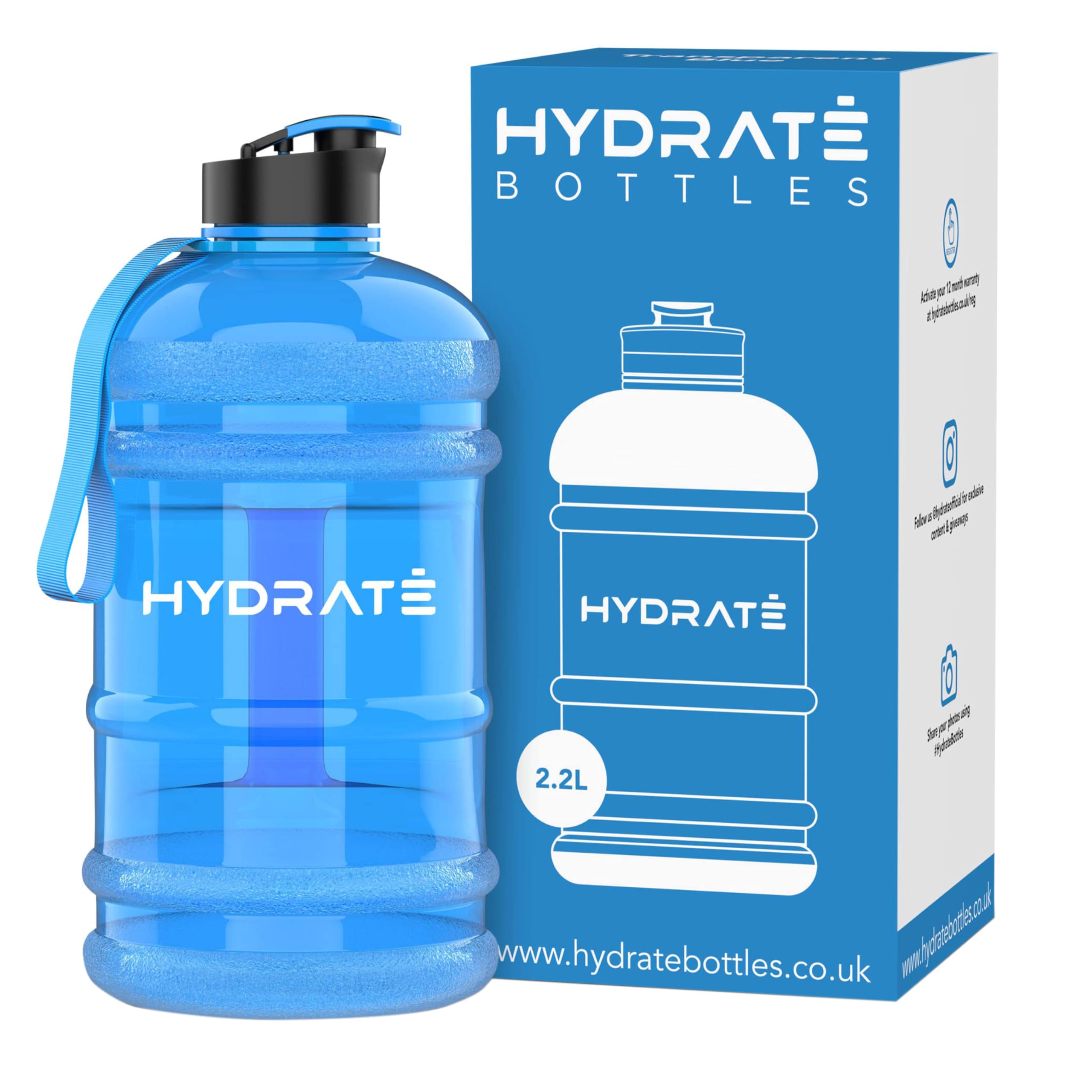 HYDRATE XL 2.2L Water Bottle with Handle for Men - Large Drinking Bottle for Outdoor, Travel, Gym - Leakproof Water Jug for Daily Hydration - Reusable BPA-Free Black Large Drinking Bottles for Adults