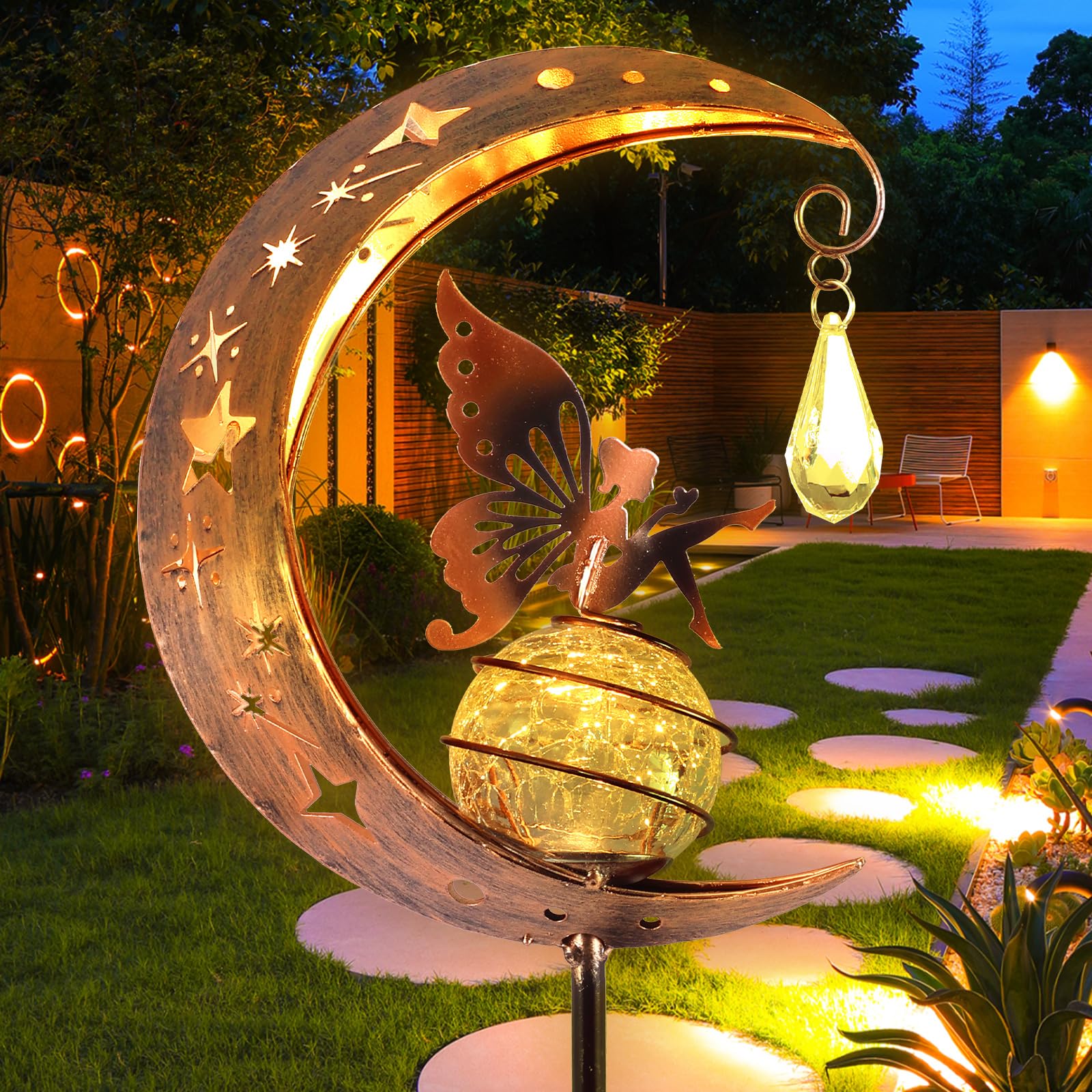 Shaojian A Moon Fairy Solar Lights Outdoor Garden Solar Stake Lights Ip55 Waterproof Lawn Lamp Metal Fairy Butterfly Yard Lamp Decorative Garden Ornaments For Outdoor Patio Path Yard Decor(A)