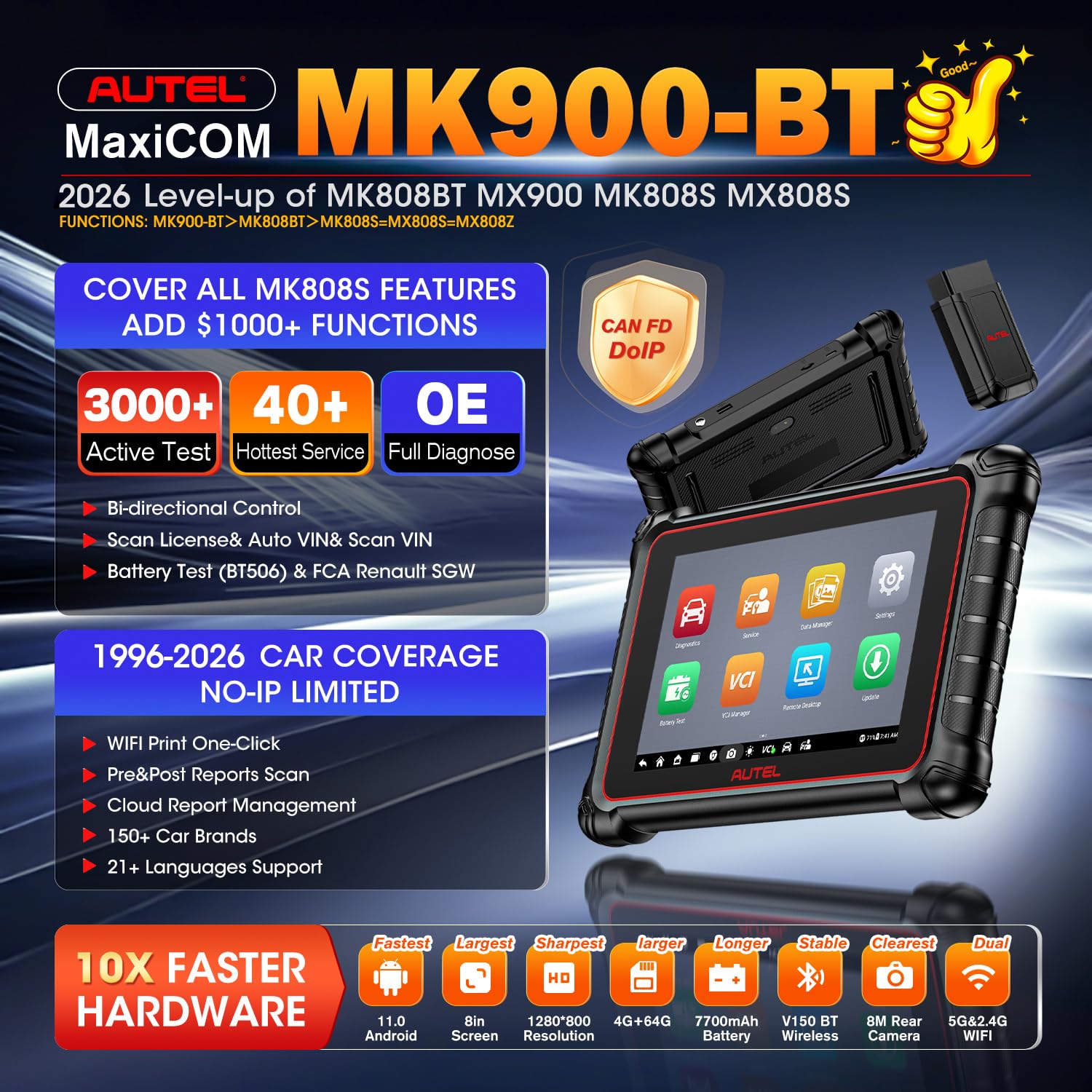 Autel MaxiCOM MK900BT OBD2 Auto Diagnostica: 2026 V2.0 Diagnosi Auto Bidirezionale, Ver Senza Fili di MK900 MK808S MK808BT PRO MX808S MK808Z, 40+ Servizi, 3K+ Test Attivi, DOIP CANFD, Tutti Sis, OS 11