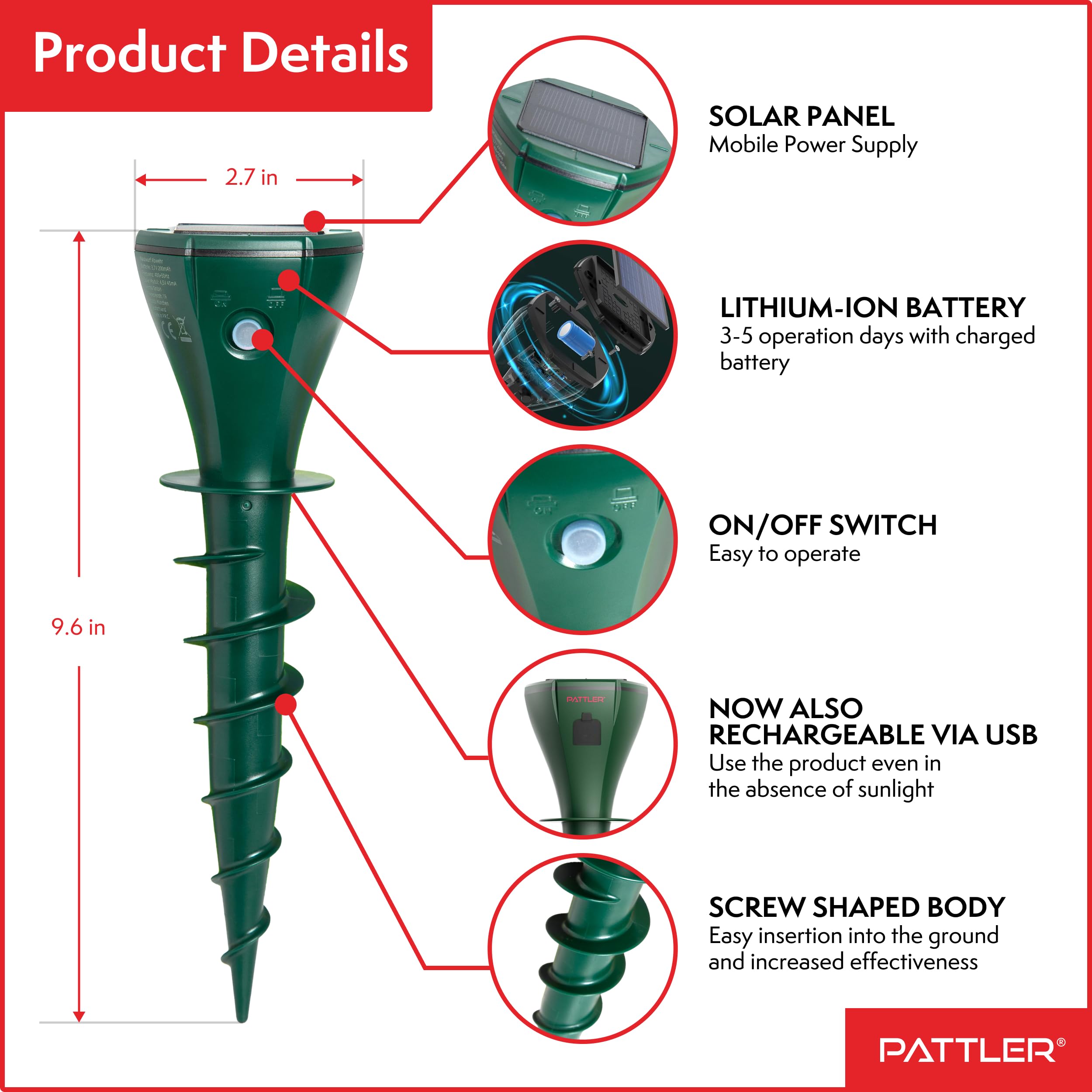 PATTLER® Mole Repeller Set of 2, Effective Mole Repel on Approx. 800 m², Flexible Use Thanks to Solar Panel - Image 2