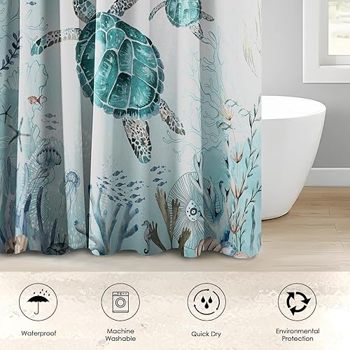 Miniatura 3 de Bribay Juego de cortinas de ducha de 4 piezas, diseño de tortuga marina, impermeable, accesorios de baño con alfombras antideslizantes, cubierta