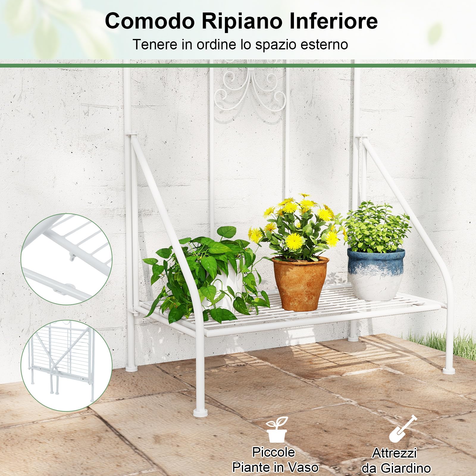 GYMAX Traliccio per Rampicanti in Metallo con Ripiano Pieghevole, Grigliato da Giardino per Recinzione 189,5 x 50 cm, Graticcio Decorativo per Piante Rampicanti per Giardino, Cortile (Bianco,1)