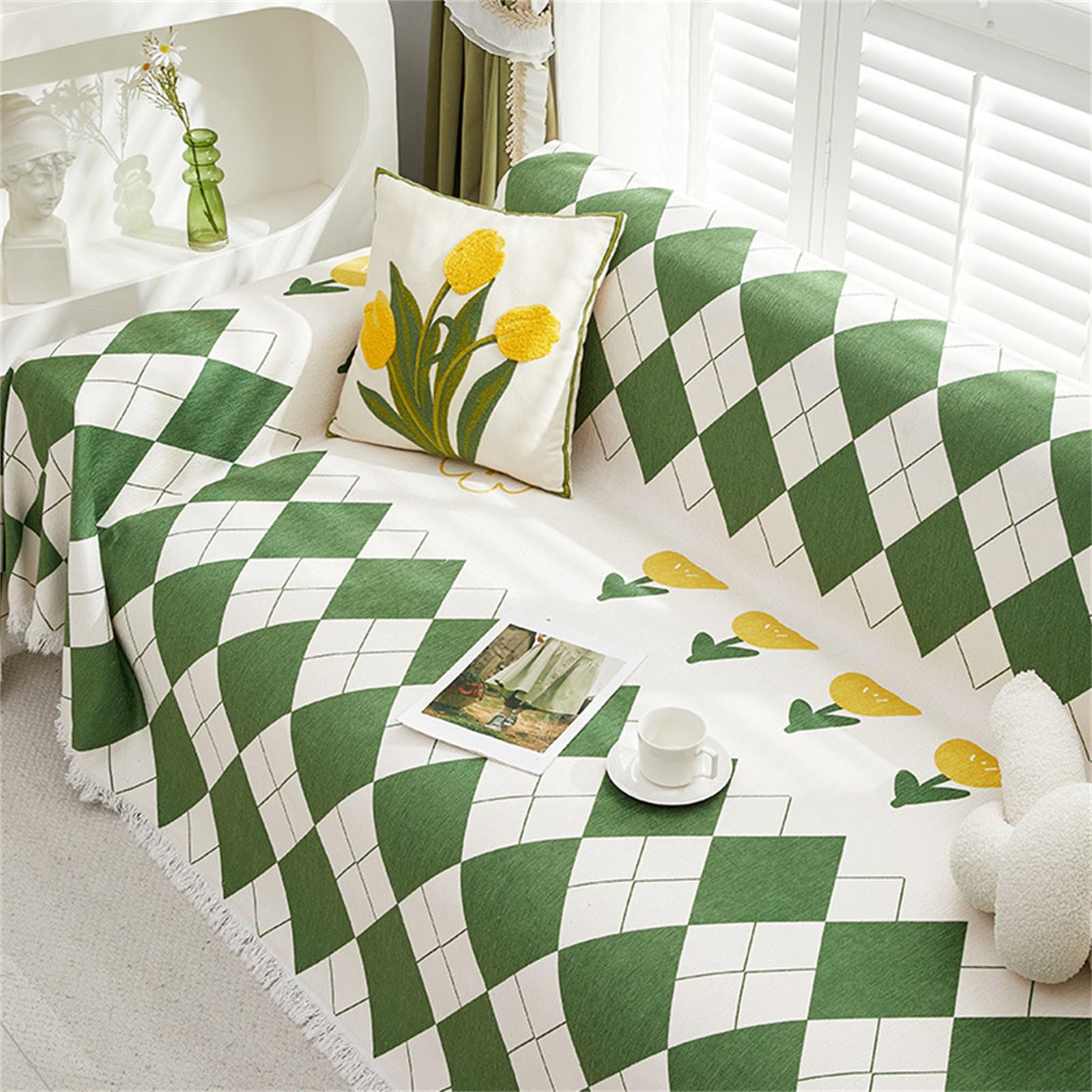 Highdi Housse de Canapé Losange Multicolore Extensible Serviette de canapé Anti-poussière Canapé Couverture Protège Canapé Chat Anti Griffe, Canapé Serviette Lavable (180x380cm,Noir)