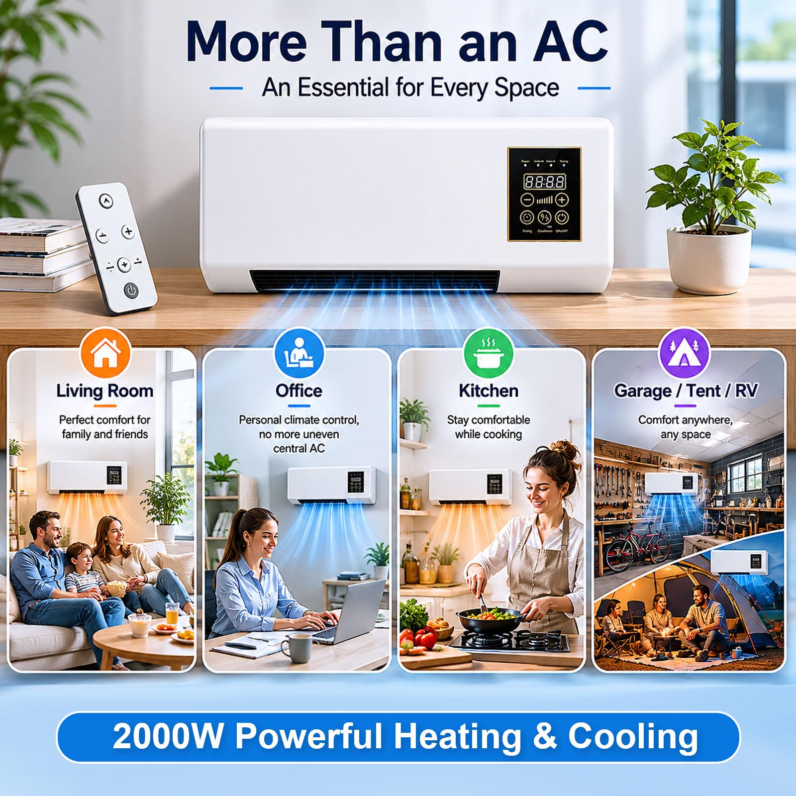 Aire Acondicionado Portátil De 2000W, Frío/Calor Regulable, Control Remoto Y Temporizador De 8 Horas, Aire Acondicionado Montado en la Pared de Doble Uso for casa u oficina,White