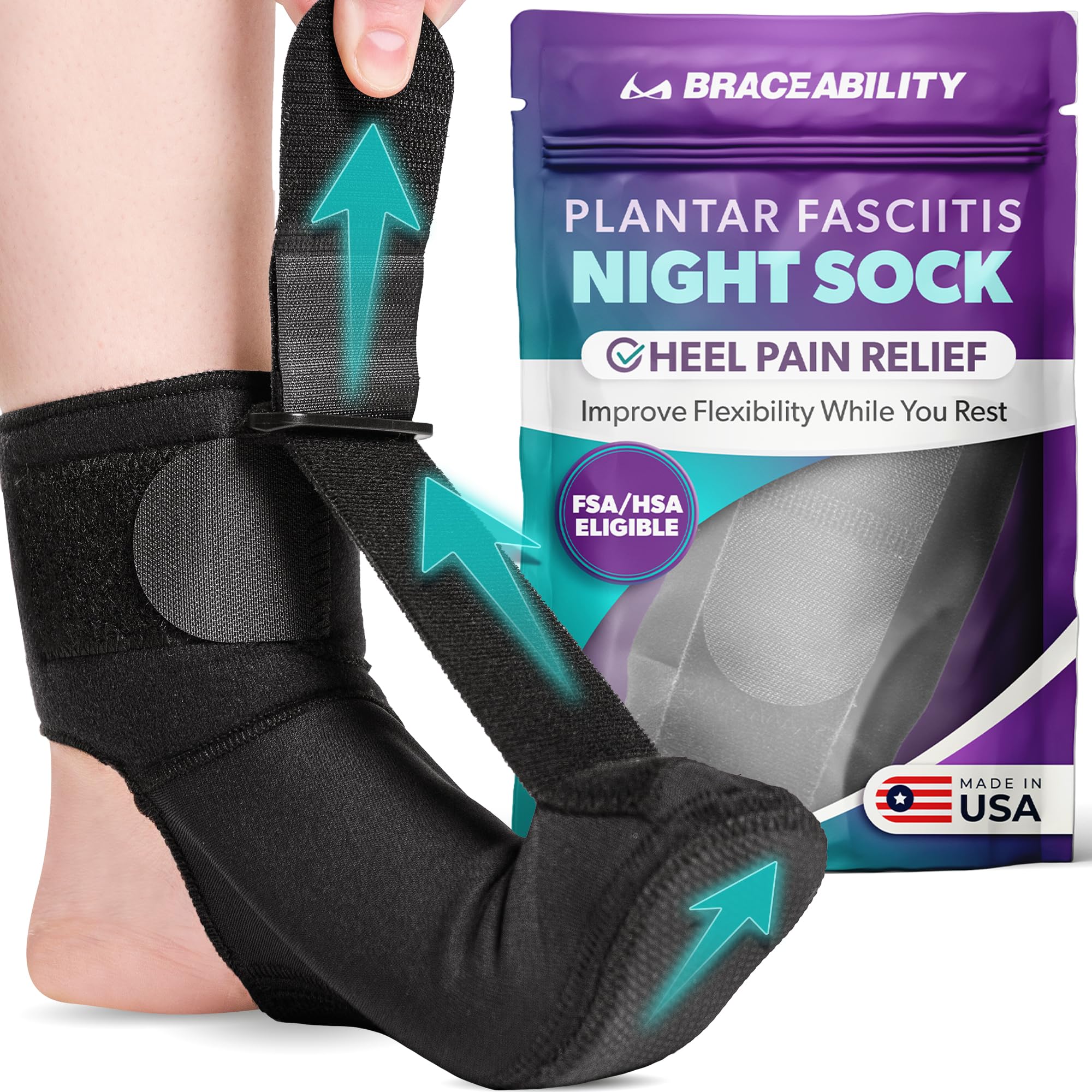 BraceAbility Plantar Fasciitis Relief Night Splint Sock - Soft Achilles Tendonitis Brace for Women and Men, Foot Drop, Planters Facetious Night Sling