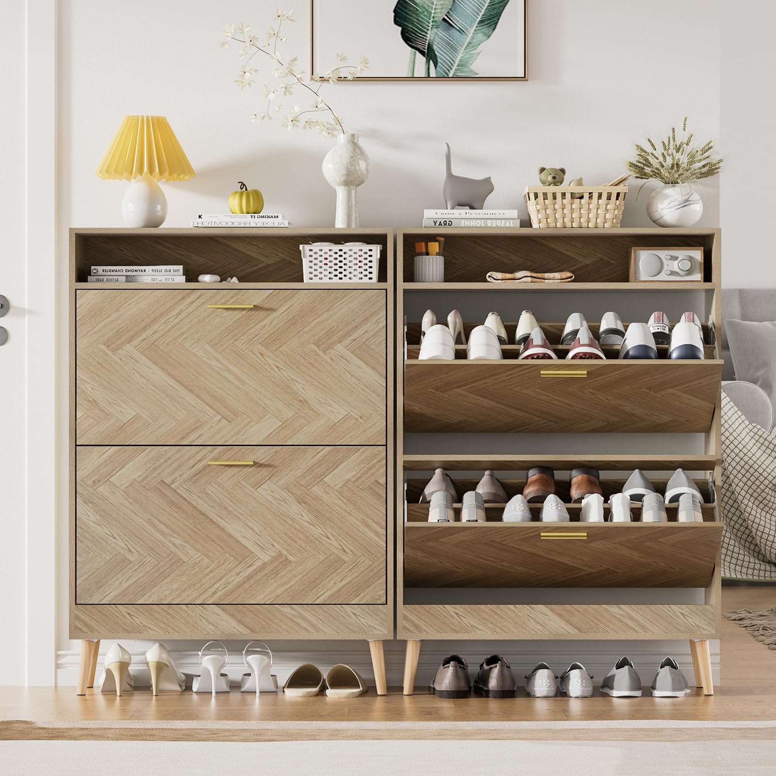 Zapatero Estrecho con 2 Puertas, Zapatero Recibidor para 12 Pares, Armario Zapateros de Madera para Pasillo y Sala de Estar, 80 x 24 x 115 cm