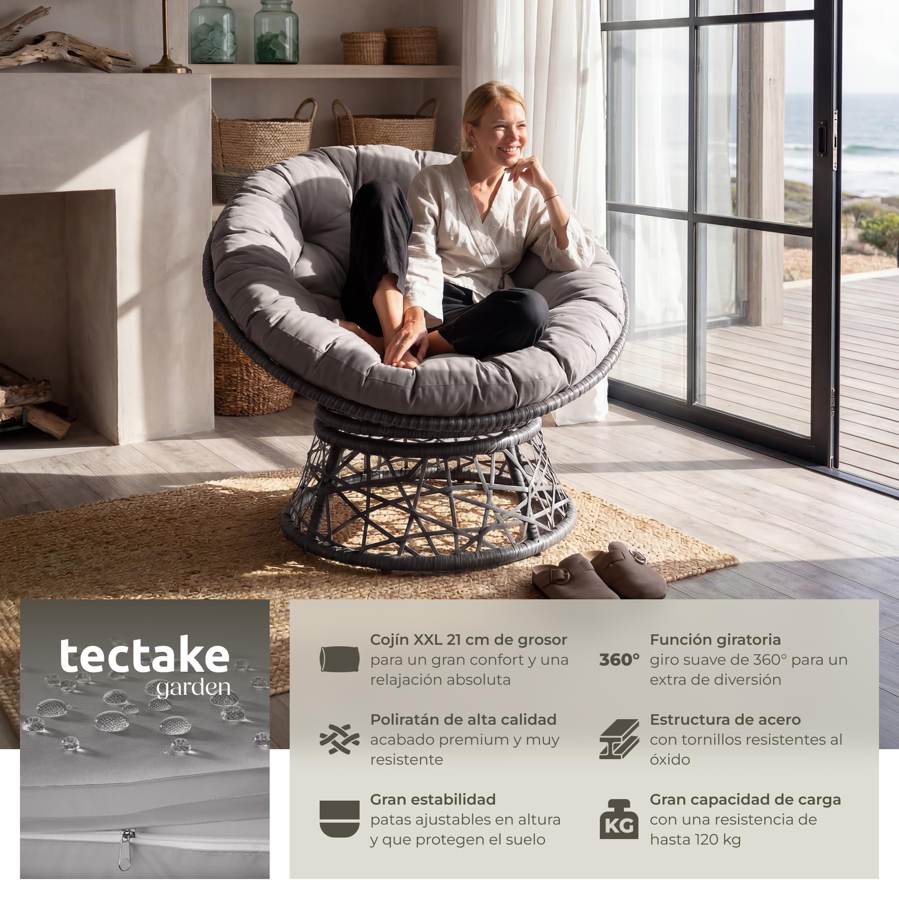 tectake® Sillón de Ratán y Acero en Forma de Cuenco, Giratorio, Muebles Jardín Exterior Resistentes a Intemperie, Sillón para Conjunto Jardín Exterior, Cojín Grande y Mullido, Altura Ajustable - Gris