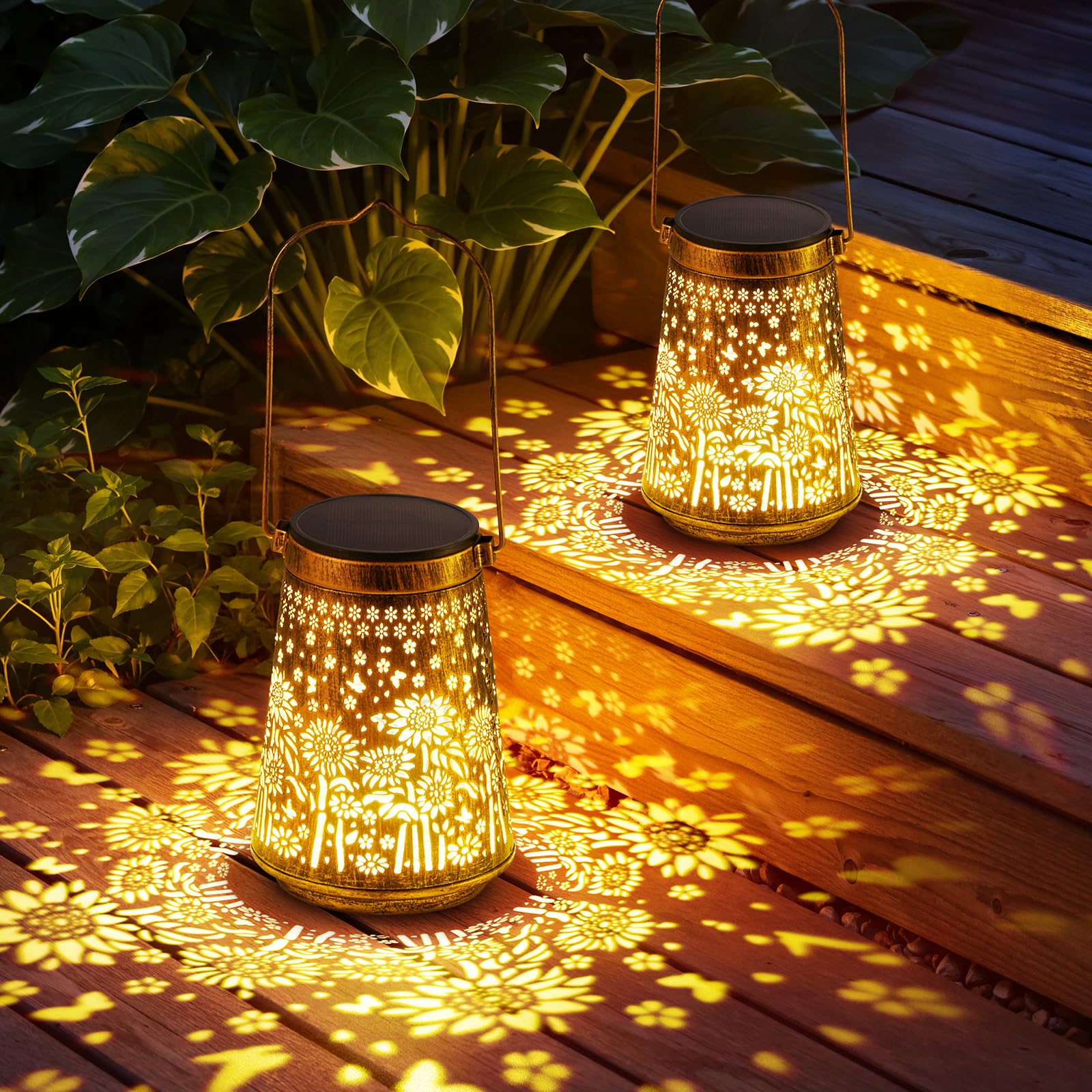 Paquete de 4 faroles solares para exteriores, impermeables, retro, de metal, girasol, decoración de jardín, regalos para mujeres, mamá, abuela, 2 modos de luces solares colgantes, decoración exterior